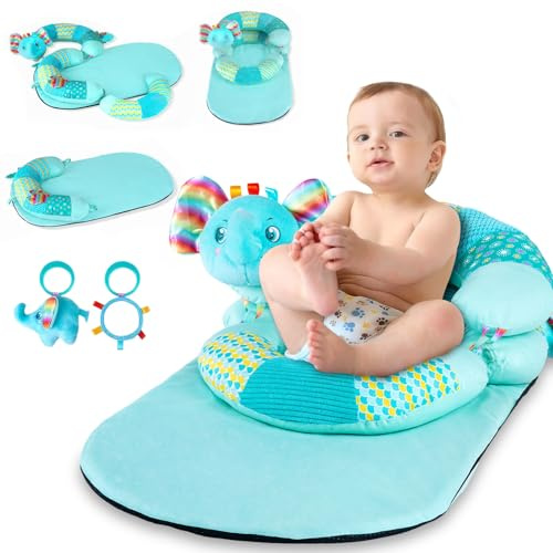 Zoelele Baby Spielzeug 3 6 9 12 Monate, 3 in 1 Abnehmbares Elefant Spielkissen, Tummy Time Toys, Bauchlage Helfen Sitzen Stützen Babyspielzeug 0-12 Monate mit Rassel, Beißring, Spiegel