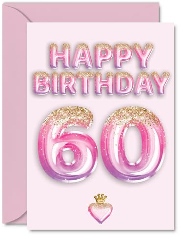 60th Birthday Cards for Women and Men, Pink & Purple Glitter Balloons | Happy Birthday Card for 60 Year Old Man Woman Auntie Friend Neighbour Grandad, A5 Bday Greeting Cards