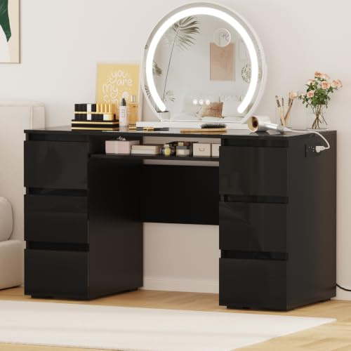 LSLIFE 120cm High Gloss Dressing Table Computer Desk for Home Office | 120Lx71Hx50W; High Gloss; Plug Sockets USB Ports; 6 Drawers; Sliding Keyboard; PC Workstation Desk