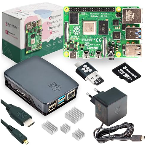 Raspberry Pi 4 Starterkit (1GB RAM) Komplett-Set von BerryBase, MicroSD-Karte mit Raspberry Pi OS, offizielles Gehäuse, 15W USB-C Netzteil, Micro-HDMI-Kabel, Kühlkörperset