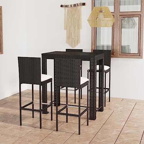QJBSAVVA 5-TLG. Gartenbar-Set Schwarz PE-Rattan/Stahl 100×60,5×110,5 cm mit 4 Barhockern, Kissen, klappbar für Balkon, Terrasse