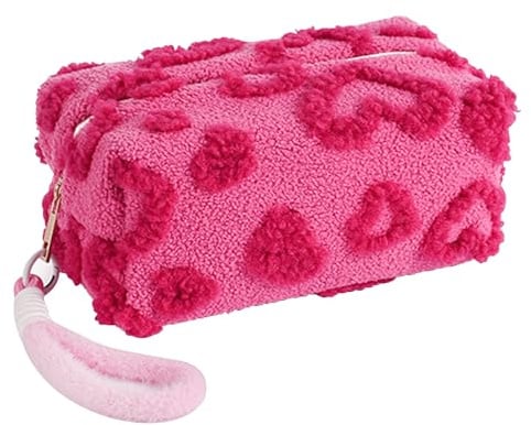 KASESSS Trousse de Toilette Femme en Peluche, Trousse Maquillage Femme, Trousses de Maquillage Portable Motif Cœur, Pochette Maquillages avec Poignée pour Le Stockage de Produits Cosmétiques Voyage