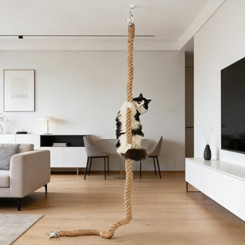 Cuerda de escalada de yute para gatos de primera calidad | 2,05 m de longitud y 4 cm de diámetro | Montaje en techo con gancho de pared | Cuerda natural para escalada, juego | Juguete para gatos de