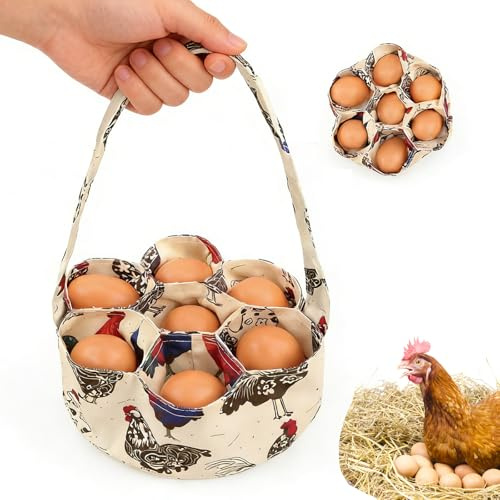 Norhogo 1 styck 20 cm äggsamlingskorg med 7 påsar, kycklingäggsförvaringsväska med handtag, äggsamlingskorg, bondgård, kycklingkorg, bärbar äggkorg för hönshus, kyckling, anka, gås, ägg, beige