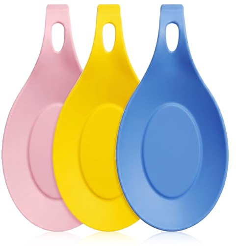 Classicseali 3pcs Silicone Rest,Heat-Resistant Silicone Spoon Rest | Reusable Spoons Holder for Kitchens, Suitable for Wooden, Iron, Teaspoons, Kitchen Utensils, and Cutlery, Pink, Yellow, Blue