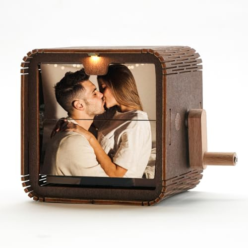 Personalisierte Foto Flipbook Fotorahmen mit Handkurbel und Licht, Animiertes Fotobuch mit 8/16 Fotos, Foto Flip Box Rahmen aus Holz, Fotogeschenk für Freundin, Freund, Valentinstag, Geburtstag