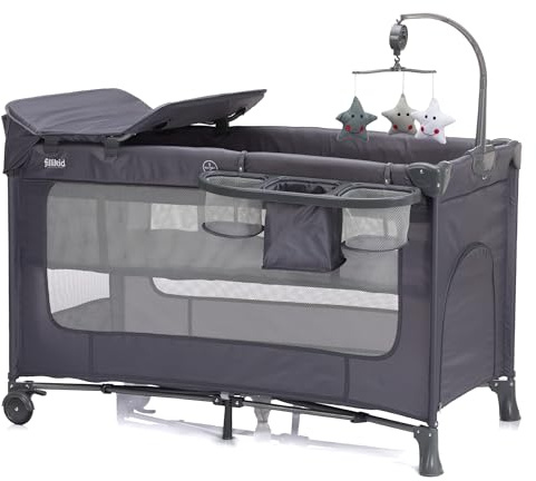 Fillikid Reisebett Capri – Baby Reisebett mit Rollen, höhenverstellbar | inkl. Mobile, Wickelauflage & Einstieg | Faltbares Bett für Babys & Kleinkinder (Dunkelgrau)