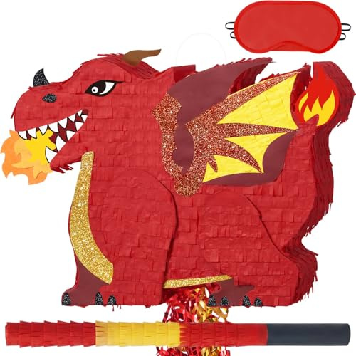 WERNNSAI Roter Drache Pinata – Fantasy Geburtstag Deko für Party Zubehör | Drache Piñata mit Stock Augenbinde, Fantasy Party Deko, Hängende Tier Piñata, Festliche Partyzubehör