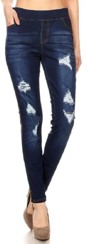 Jeans da Donna Elasticizzati Pull-on Skinny Strappati in Denim Invecchiato Jeggings Regular-Plus Size, Denim Scuro, XX-Large
