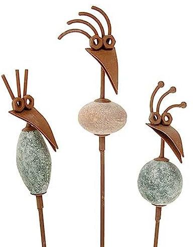 SIDCO Gartenstab 3 x Gartenstecker Vogel Rostoptik Pflanzstecker Garten Rost Deko