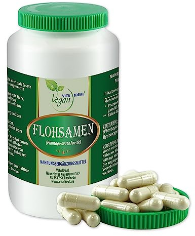 VITA IDEAL Vegan® FLOHSAMEN - Schalen 180 KAPSELN - Plantago indica - Floh - Samen - Schalen - Tagesportion 1100mg FLOHSAMENSCHALEN reines Pulver. Naatürlich, pflanzlich & ohne Zusatzstoffe.
