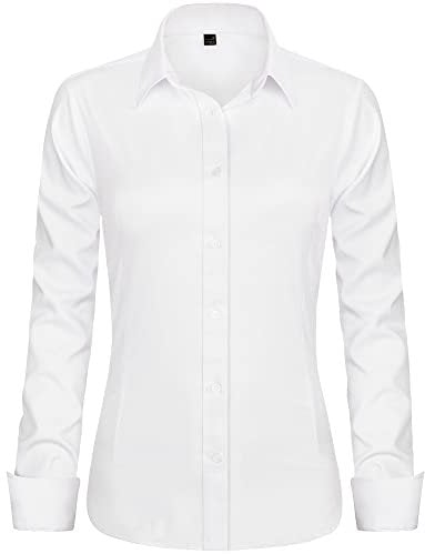 J.VER Womens White Shirts Long Sleeve Fitted Dress Blouse Shirts Stretch Executive Office Work Business Formal Shirt S
