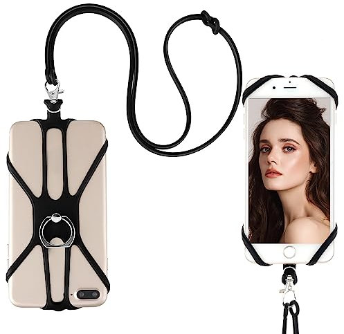 TIESOME Handy Lanyard mit Handyring, 2 in 1 Universal Telefon Lanyard und Ring Grip, Silikon Handykette mit Finger Ring Halter kompatibel mit den meisten Smartphones (Schwarz)