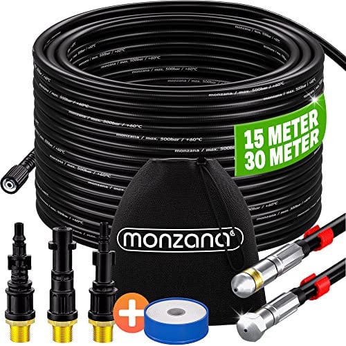 MONZANA® Rohrreinigungsschlauch Premium Set 15m 200bar inkl. 3 Adapter 2 Düsen mit Kärcher kompatibel Hochdruckreiniger Universal Rohrreinigungsset