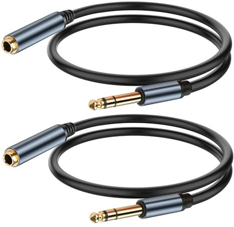 JSADZKJ 1/4 inch TRS Cable 6.35MM Male to 6.35MM Female Jack Stereo Audio Cable Gold-Plated Quarter inch TRS Instrument Cable for Electric Guitar Bass Amplifier Speaker 0.98ft Length 2Pcs