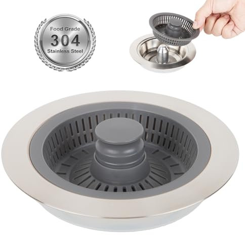 ESUFEIR 3 In 1 Kitchen Sink Plug Strainer,Universal Stainless Steel Pop Up Sink Drainer Plug,Anti-Clogging Sink Food Catcher,Metal Sink Stopper Replacement Prevent Odor,Plug Hole Strainer Sink Filter