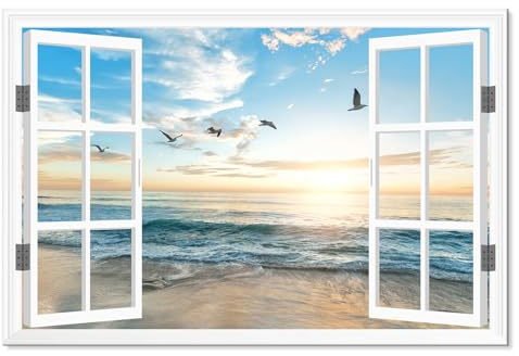 Goldfoilart Ocean Beach Sunset Window Canvas Wall Art for Bedroom Seagull Seascape Paintings Coastal Picture Framed Artwork for Bathroom Living Room Office Decor 36 x 24