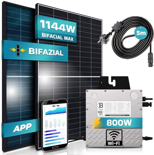 SUNNIVA 1144W Balkonkraftwerk 800W komplett Steckdose - Beny 800W Wechselrichter - PV Solaranlage Komplettset - 2x 440W BIFAZIAL, BLACK Frame, Single Glas Solarmodule - inkl. 5m Kabel - Bluetooth