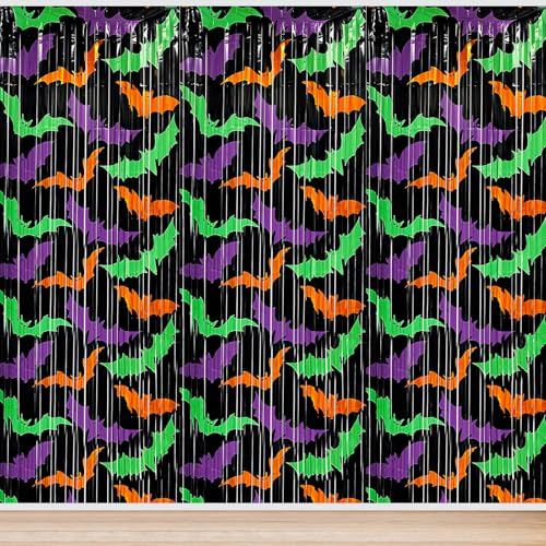 Bekeify 3 Piezas 1 x 2 m Halloween Decoracion Cortinas para Casa Adornos Halloween Fiestas Murciélagos Cortinas de Borlas Decoración de Fondo Photocall Cortina Fiesta para Puertas Ventana Muro