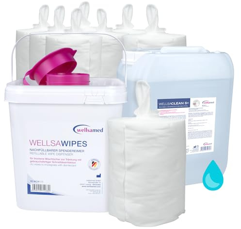 Wellsamed Desinfektionsmittel Set, 5 Liter Schnelldesinfektionslösung Neutral, Gebrauchsfertig, Mit Spendereimer und 8 Rollen Wischtücher à 70 Blatt