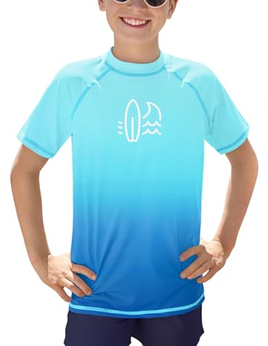 BesserBay UV Shirt Jungen Kurzarm Rundhals Strandmode Swimsuit Surf Sport Rashguard Kleidung Türkis Blau Verlauf 120