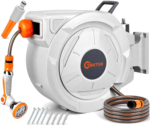Bietor Retractable Garden Hose Reel Wall Mounted, Auto Rewind Hose Pipe with 180° Swivel Bracket, Anti-Kink Flexible Water Hose with 10 Spray Nozzle for Garden Watering, Car Wash and Patio Cleaning