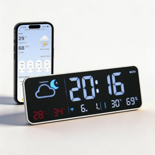 Seutgjie Digital Wecker WLAN mit Wetter Tischuhr/Wanduhr Weiß | Digital Uhr Automatischer Zeitsynchronisation Wettervorhersage Temperatur Luftfeuchtigkeit