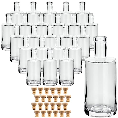 gouveo 24er Set Glasflaschen 250 ml Prim mit Holzgriffkorken - Kleine Flaschen 0,25 l aus hochwertigem Glas mit Korken - Glasflasche mit Korkverschluss zum Befüllen mit Likör, Schnaps, Öl