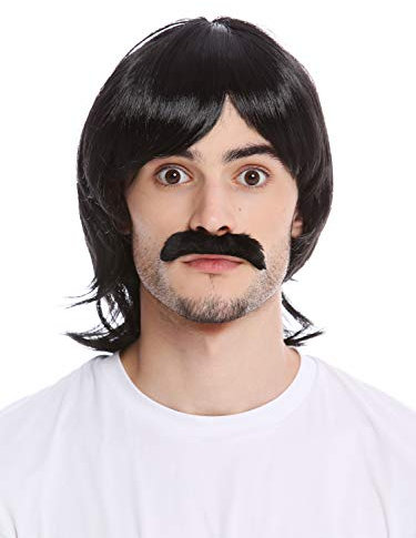 WIG ME UP - 91105-ZA103 Perücke Bart Set Karneval Halloween Lang Schwarz 70er Jahre Bulle Polizeiserie