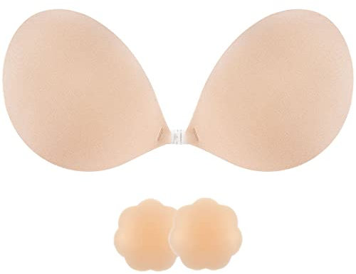 SHINYMOD Reggiseno Senza Spalline, Seno Rialza, Copricapezzolo Autoadesivo, Largo, Riutilizzabile per Costume da Bagno, Abiti da Sera, Abiti Scollati, Beige, C