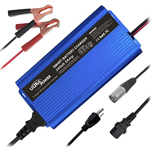 ULTRAPOWER 24 Volt Battery Charger Automatic Smart Charger 5-Amp Trickle Battery Charger Maintainer desulfator for Car Truck Marine Boat Truck Wheelchair with I/O Switch,3-Pin XLR Alligator Connector