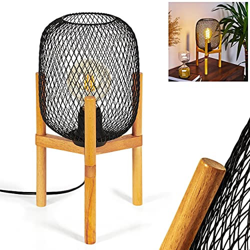 Lampe de table Ateponta en bois et métal noir, élégante lampe de bureau contemporaine avec interrupteur sur le câble, pour 1 ampoule E27, ampoule(s) non incluse(s)