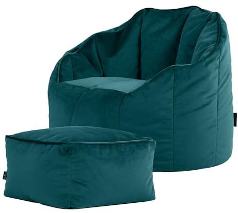 Icon Sirena Sitzsack Sessel mit Hocker für Erwachsene, Blaugrün, Flauschiger Samtstoff, Riesen Sitzsack Samt mit Füllung, Bean Bag Chair, Bequemer Sessel Wohnzimmer, Lounge, Schlafzimmer, Büro