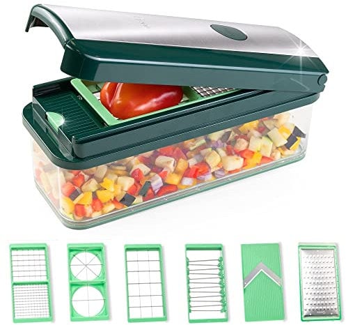 Genius Nicer Dicer Exclusive Gemüseschneider 15tlg Würfelschneider + Tomatenschneider Set 4 Einsätze + Reibe grob & Hobel + Auffangbehälter 2500ml, Grün