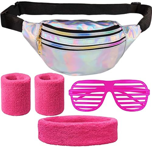 dcas 5 Stück Aerobic Bauchtasche Outfit, 90er 80er Jahre mit Bauchtasche Damen, Bauchtasche Mode Damen Glitzer, 80er Jahre Kostüm Bauchtasche Zubehör, Bauchtasche Stirnband Neon, für Kostüm Rave Party
