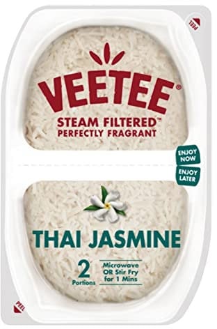 VEETEE Microwavable Thai Jasmine Rice Twin Pot, Quick Cook Cupboard Food, Low Sodium, Wheat-Free, No Artificial Colours, Flavours or Preservatives, 280 g (Pack of 6)