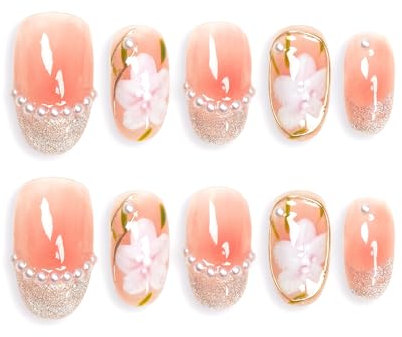 Sun&Beam Nails Handgefertigte Kunstnägel Mittel Lang Oval Nägel zum Aufkleben in Rosa Weiß Gold Blumen Glitzer Minimalistisch Design mit Klebepads 10 Stück (#001 XS)