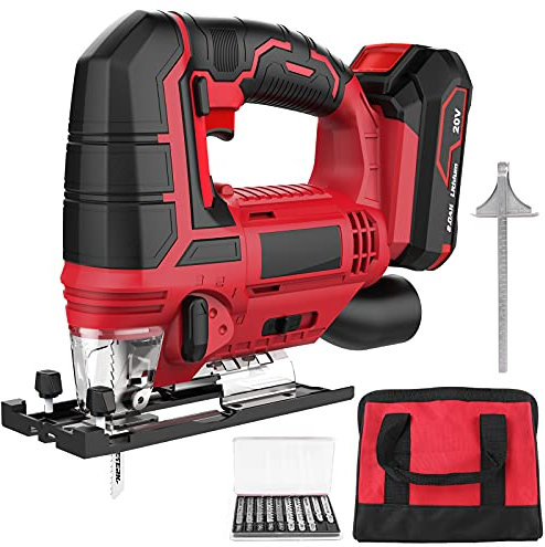 Jigsaw 20V Cordless Jigsaw with 4 Orbital Settings, 2700 SPM, 10-Piece T-Shank Blade Set, 2.0 Ah Battery, Fast Charger, Tool-Free Blade Clamp, 45° Bevel Adjustment, LED Light, Parallel Saw Guide
