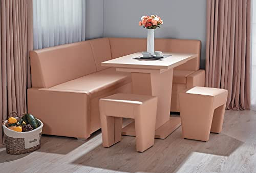 Rodnik Eckbankgruppe Studio in Lederoptik, Schlaffunktion, Essgruppe 4 TLG. Set: Eckbank ausziehbar, Esstisch ausziehbar, 2X Hocker (beige)