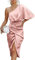 Vagbalena Élégante Robe de soirée asymétrique en Satin Robe plissée à Manches Courtes Robe Moulante Robe midi à Manches Courtes sans Bretelles Robe midi de Cocktail (Rose,S)