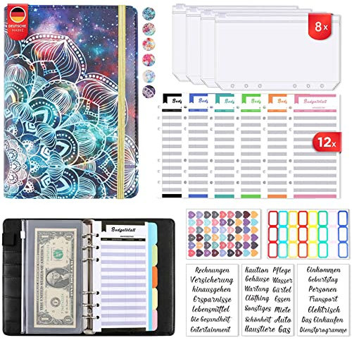 Budget Planner Deutsch Budget Binder A6 - Vollständig Deutsch Design,Budgetplaner Geld Organizer Sparbuch mit Folien für Finanzplaner Buget Sparen Mappe, Cash Stuffing Startset (Schwarz)