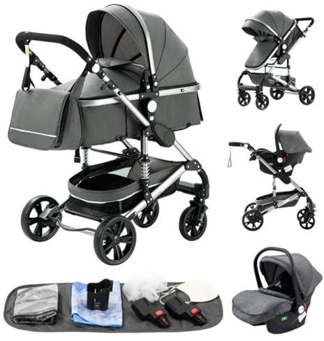 YAZOCO kinderwagen 3 in 1, Zusammenklappbar kinderwagen mit Wickeltasche,Komplettset Becherhalter,Moskitonetz, Fußabdeckung,Sitzzubehör (3 grau)