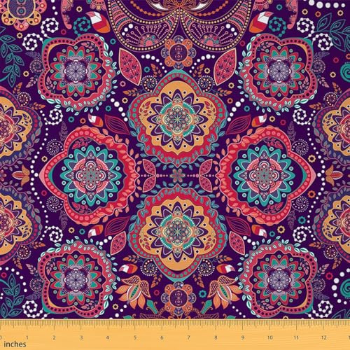 Homewish Tissu Mandala au Mètre 184x150 (HxB), Tissu D'Ameublement Floral Boho, Tissu Décoratif Rétro Traditionnel À Fleurs Bohémiennes, Tissu d'intérieur Chic Exotique, Imperméable, Violet Rose
