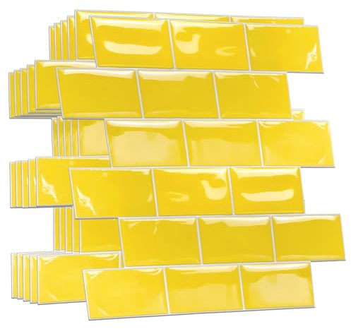 WALPLUS 3D Tile Stickers Peel and Stick Backsplash Splashback Decals Tile Transfer for Kitchen Bathroom Living Room Stick on Tile Waterproof Pure Yellow Glossy Subway 60 Sheets 15.4x30.5cm