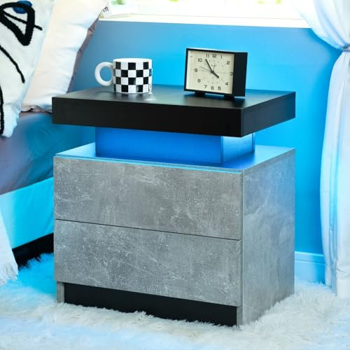 Cubehom LED Nachttisch Moderner Nachtschrank mit LED-Beleuchtung Beistelltisch mit 2 Schubladen für Schlafzimmer Wohnzimmer, Grau+Schwarz
