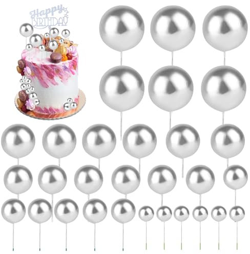 30 Stück Tortendeko Kugeln, Cake Topper Geburtstag, Happy Birthday Tortendeko, DIY Einlage Cupcake Topper Ballons Cake Topper für Torten Dekorieren Hochzeit Party Babyparty Geburtstag (Silber)