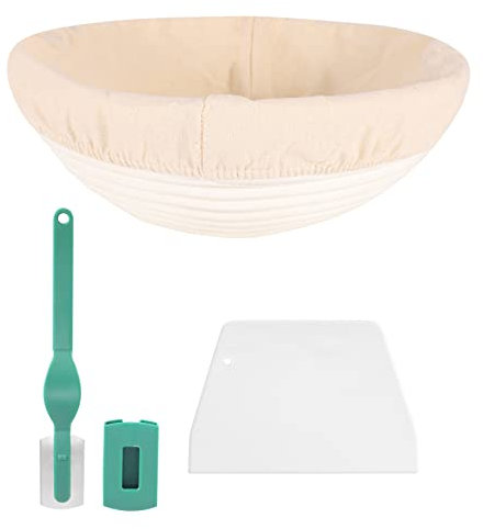 Knadgbft 10 Inch Wooden Rustic Banneton Bread Proofing Basket - Set Includes Basket, Cloth Liner, Dough Scraper, Bread Lame