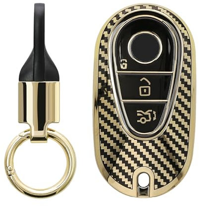 kwmobile Autoschlüssel Hülle kompatibel mit Mercedes Benz 3-Tasten Smart Autoschlüssel Hülle - Schlüsselhülle mit Key Ring Anhänger - Cover Gold Schwarz
