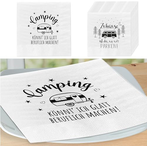 Servietten 'Camping' 2 Motive 80er Set | 33x33cm 3-lagig Papierserviette | Serviette mit Wohnwagen Campingmobil (1 x 80er Set Servietten Camping)