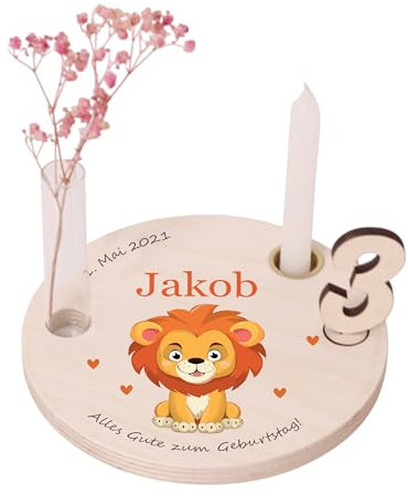 LAUBLUST Personalisierter Geburtstagsteller aus Holz mit Kerzenhalter, Vase & Zahlen - Geburtstagsdeko mit Namen - Löwe Motiv | Ø16.5 cm, Natur - Geburtstagstisch - 1. Geburtstag Kinder Geschenk